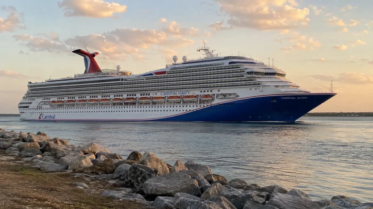 Carnival cruise ship passing a rocky breakwater at sunset