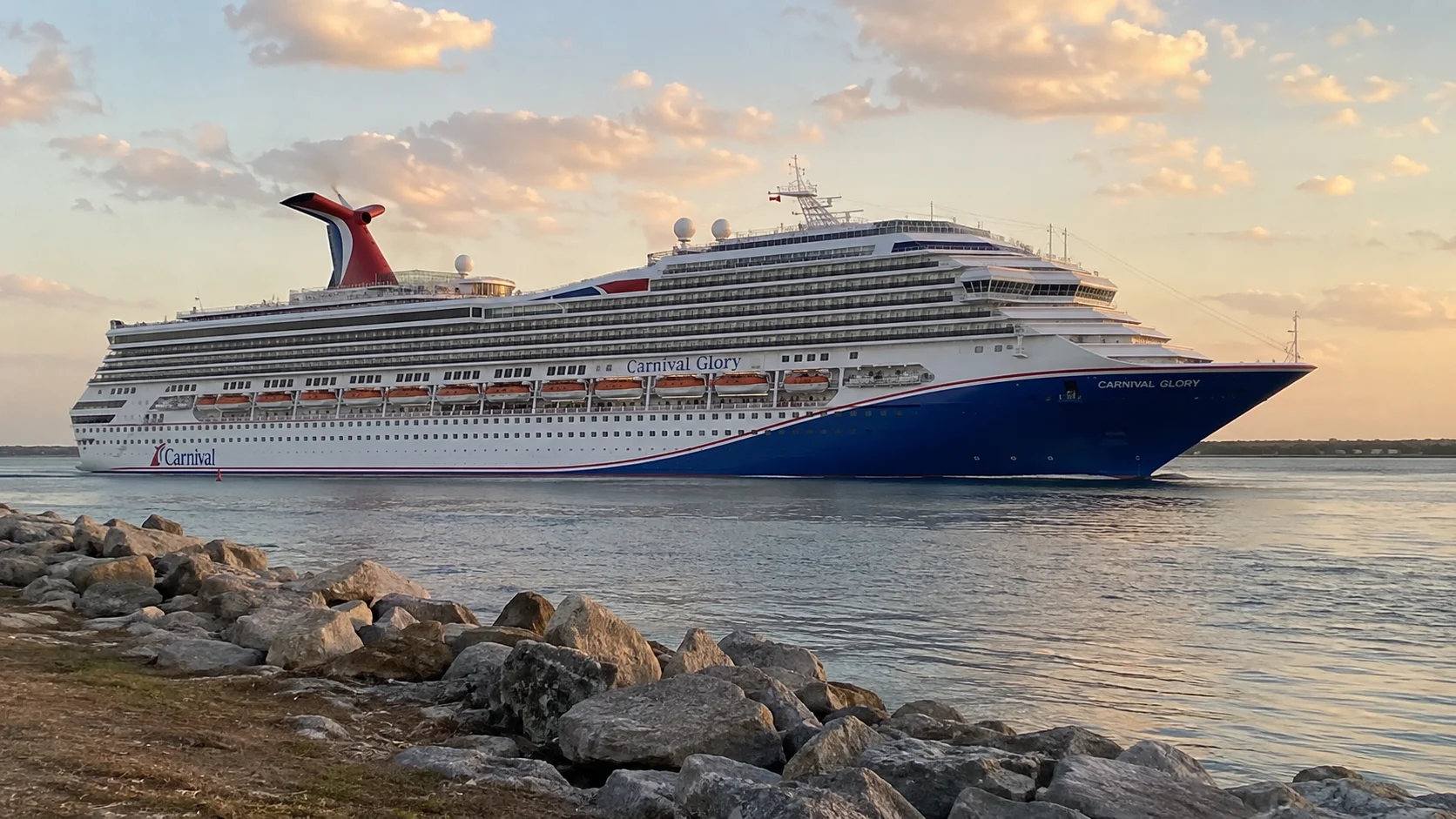 Carnival cruise ship passing a rocky breakwater at sunset