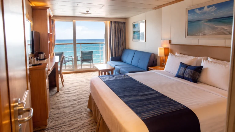 Cruise cabin with a double bed, blue sofa, and ocean-view balcony