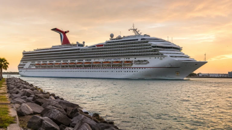 Carnival cruise ship passing a rocky breakwater at sunset