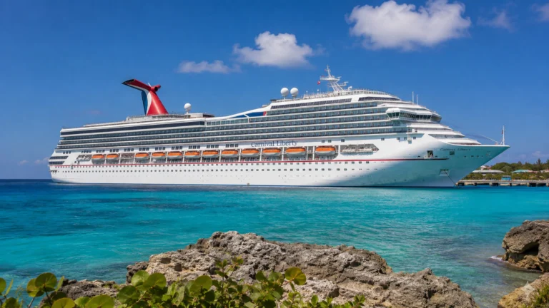 Carnival cruise ship beside a rocky tropical shoreline