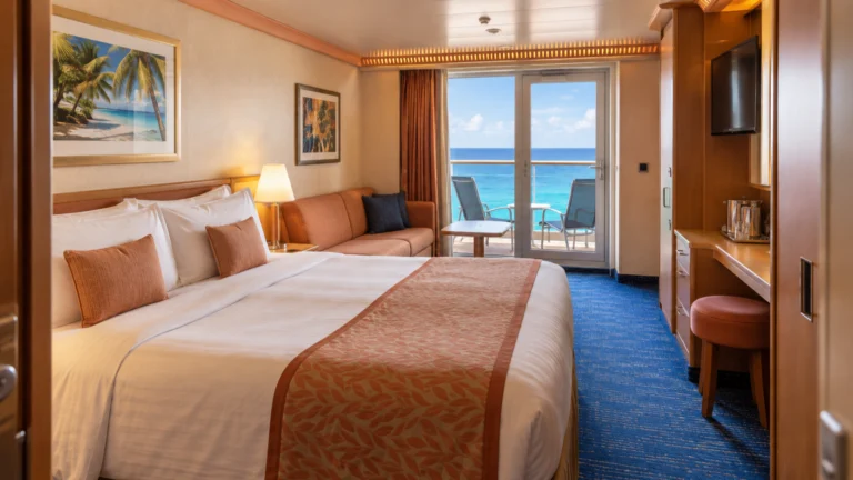 A comfortable Carnival Magic balcony stateroom features a queen bed, sofa, wood cabinetry and a view of turquoise sea.