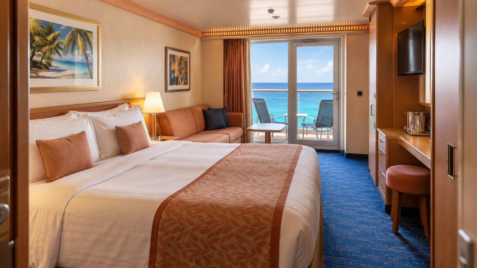 A comfortable Carnival Magic balcony stateroom features a queen bed, sofa, wood cabinetry and a view of turquoise sea.