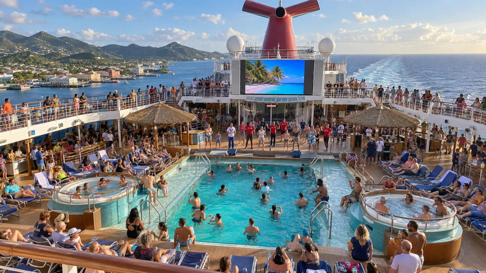 Families swim, relax and dance around Carnival Magic's Beach Pool during a sunny Caribbean sail-away.