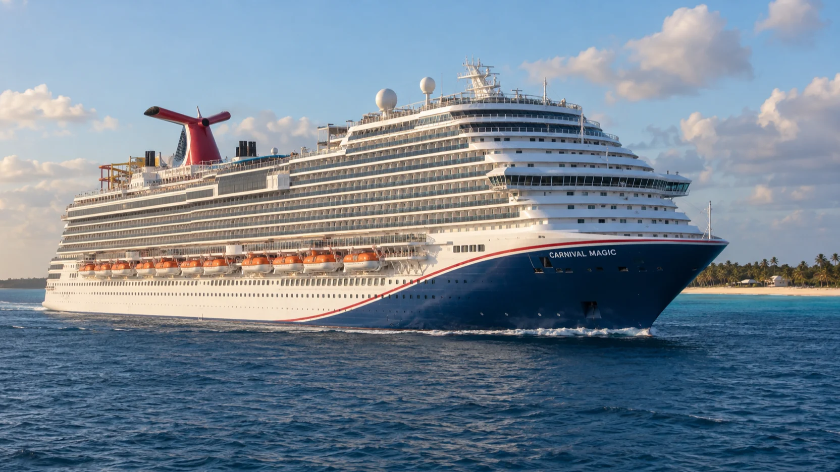 Carnival Magic sails through blue Caribbean water near a tropical island, showing its red-white-blue bow and red whale-tail funnel.