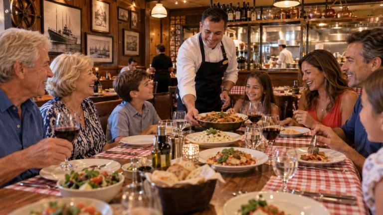 A multigenerational group shares Italian dishes in Carnival Magic's warm and welcoming Cucina del Capitano.