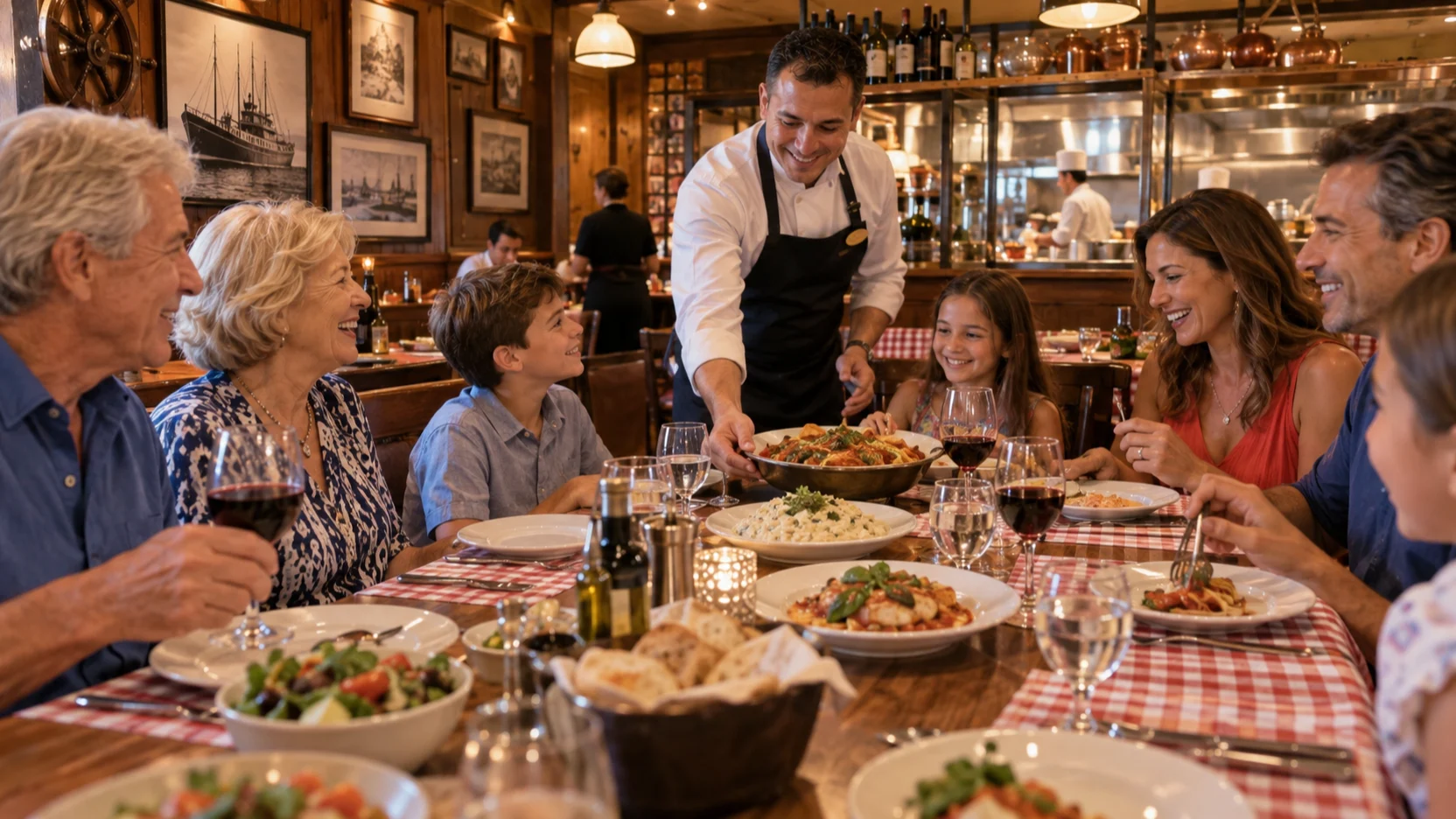 A multigenerational group shares Italian dishes in Carnival Magic's warm and welcoming Cucina del Capitano.
