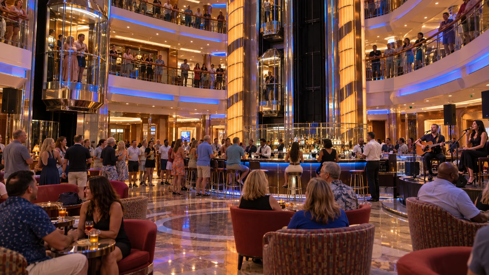 Guests gather for drinks and live music beneath the glass elevators and illuminated columns of Carnival Magic's multi-deck atrium.
