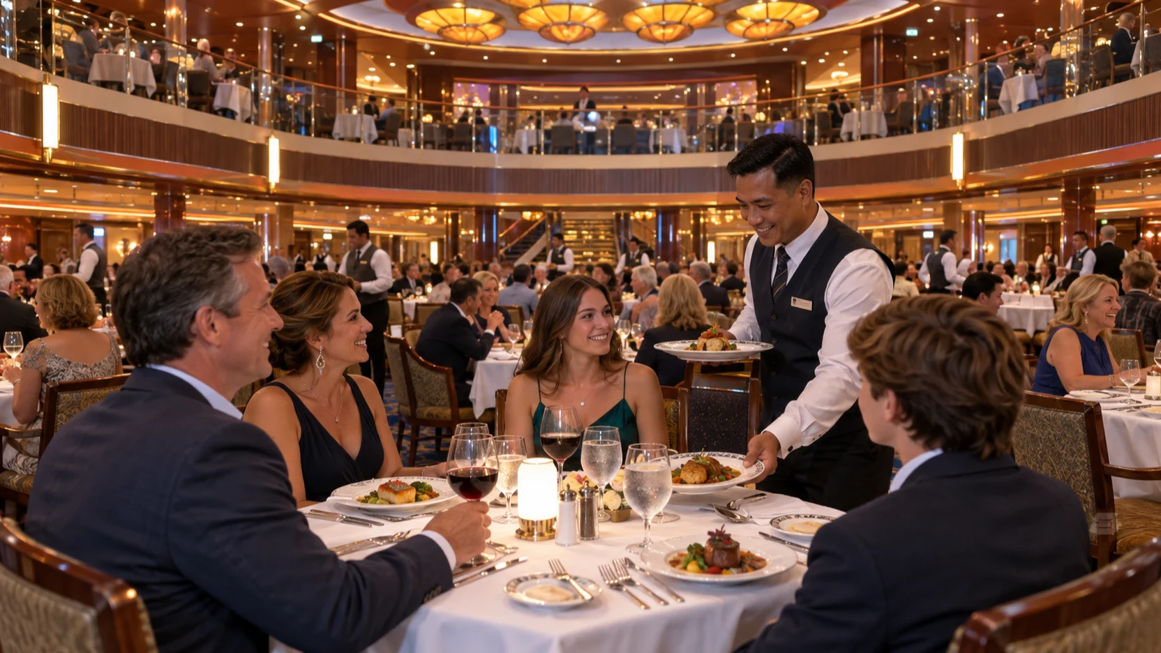 Guests enjoy evening dinner service in Carnival Magic's warm two-level Northern Lights dining room.