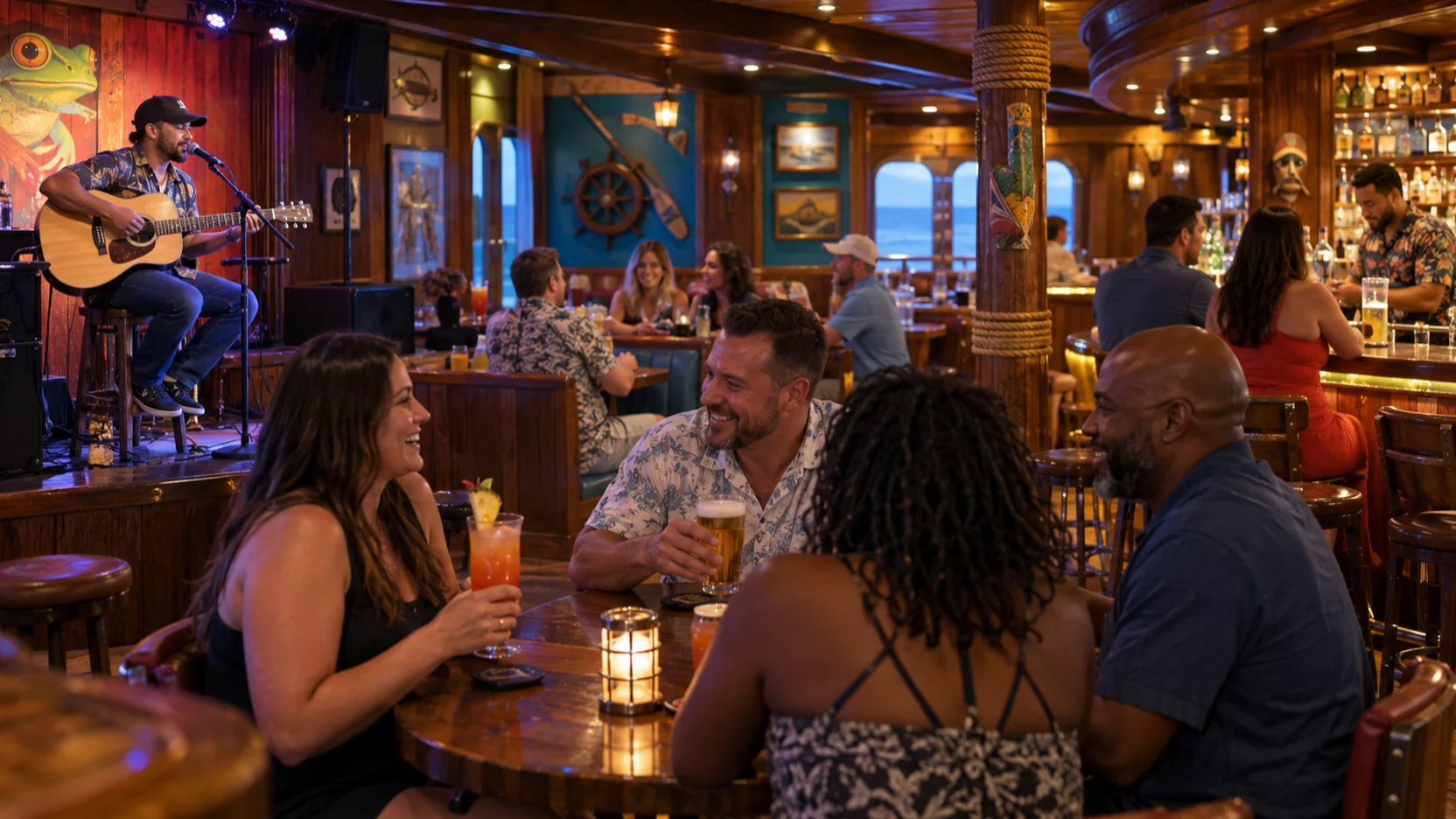 An acoustic musician performs while guests enjoy drinks and conversation in Carnival Magic's Caribbean-themed RedFrog Pub.
