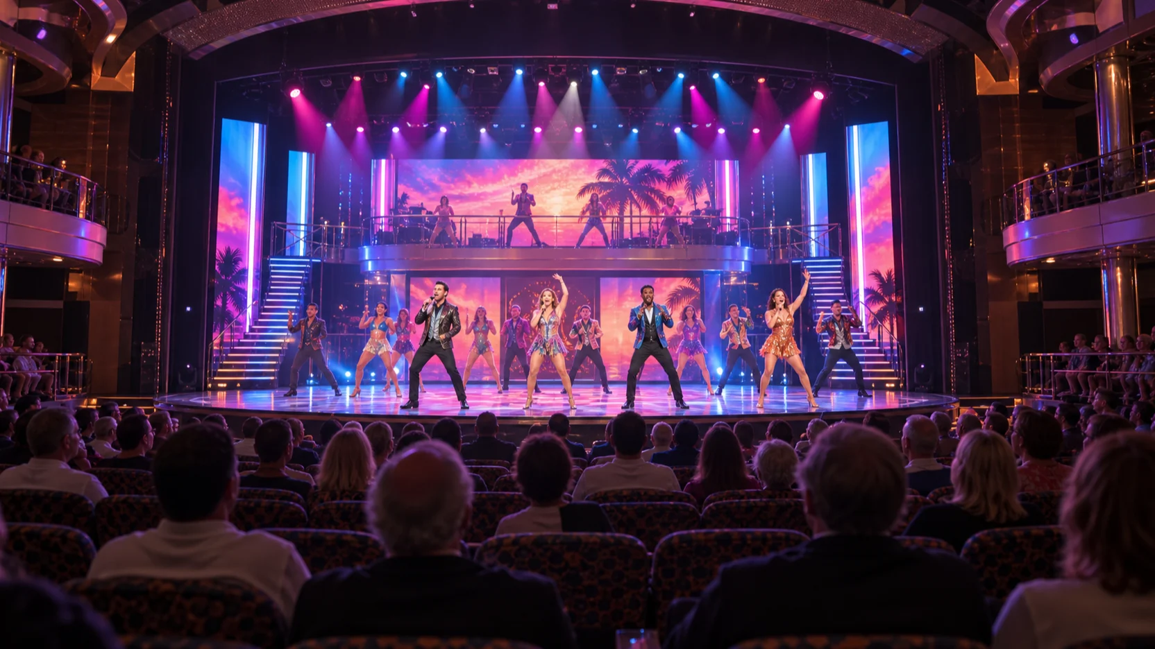 Singers and dancers perform a colorful Playlist Productions show for guests in Carnival Magic's Showtime Theater.