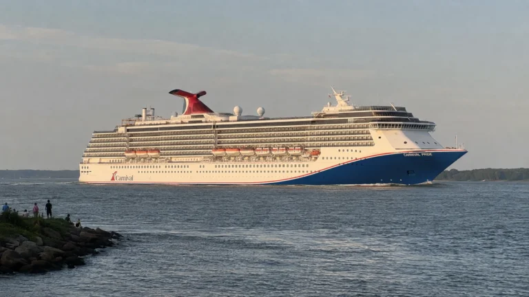 Carnival cruise ship sailing past a shoreline at dusk