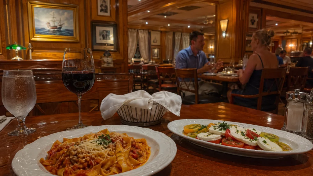 Pasta, tomato-and-mozzarella salad, and red wine in a wood-paneled restaurant