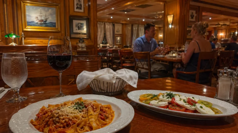 Pasta, tomato-and-mozzarella salad, and red wine in a wood-paneled restaurant