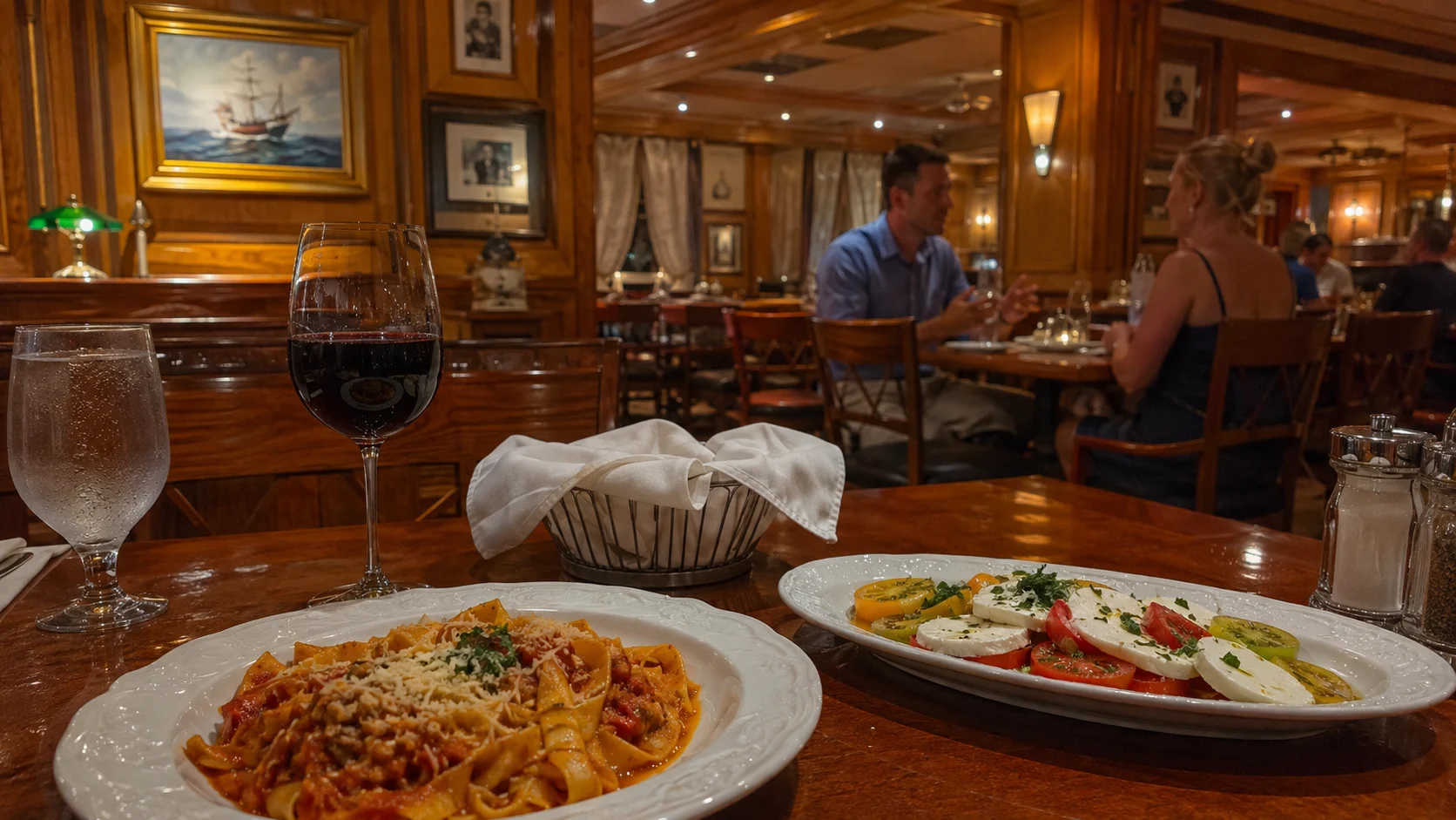 Pasta, tomato-and-mozzarella salad and red wine at Cucina del Capitano aboard Carnival Radiance