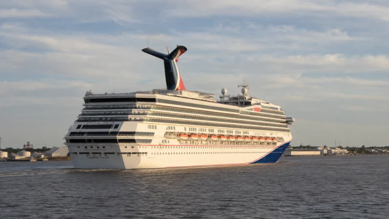 Carnival cruise ship sailing through a harbor in warm evening light