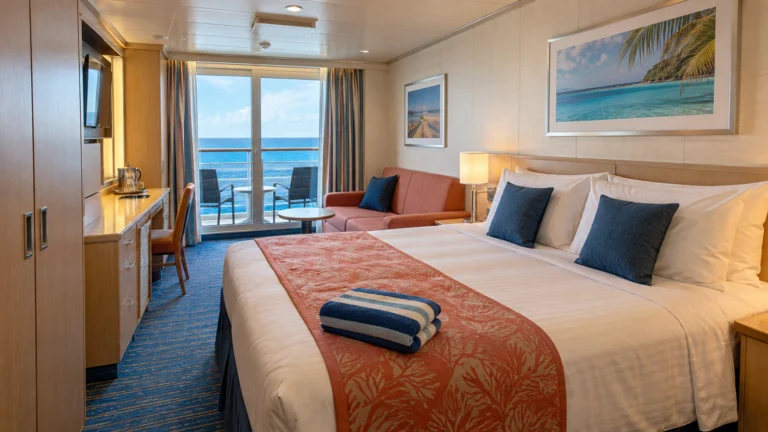 A bright Carnival Vista balcony stateroom includes a queen bed, coral sofa, vanity, light-wood storage and a private balcony overlooking the Caribbean.