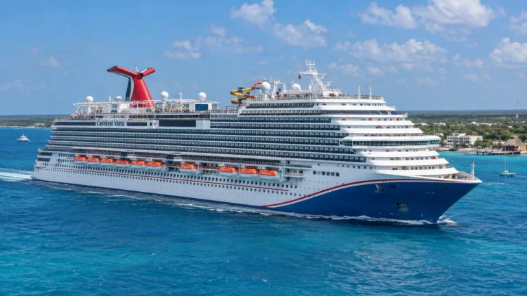 Carnival Vista sails through clear turquoise water near Cozumel, showing its white superstructure, blue-and-red hull and red whale-tail funnel.