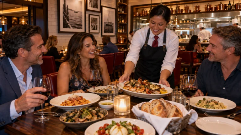 Friends share pasta, seafood and wine as a server presents a family-style dish at Cucina del Capitano aboard Carnival Vista.