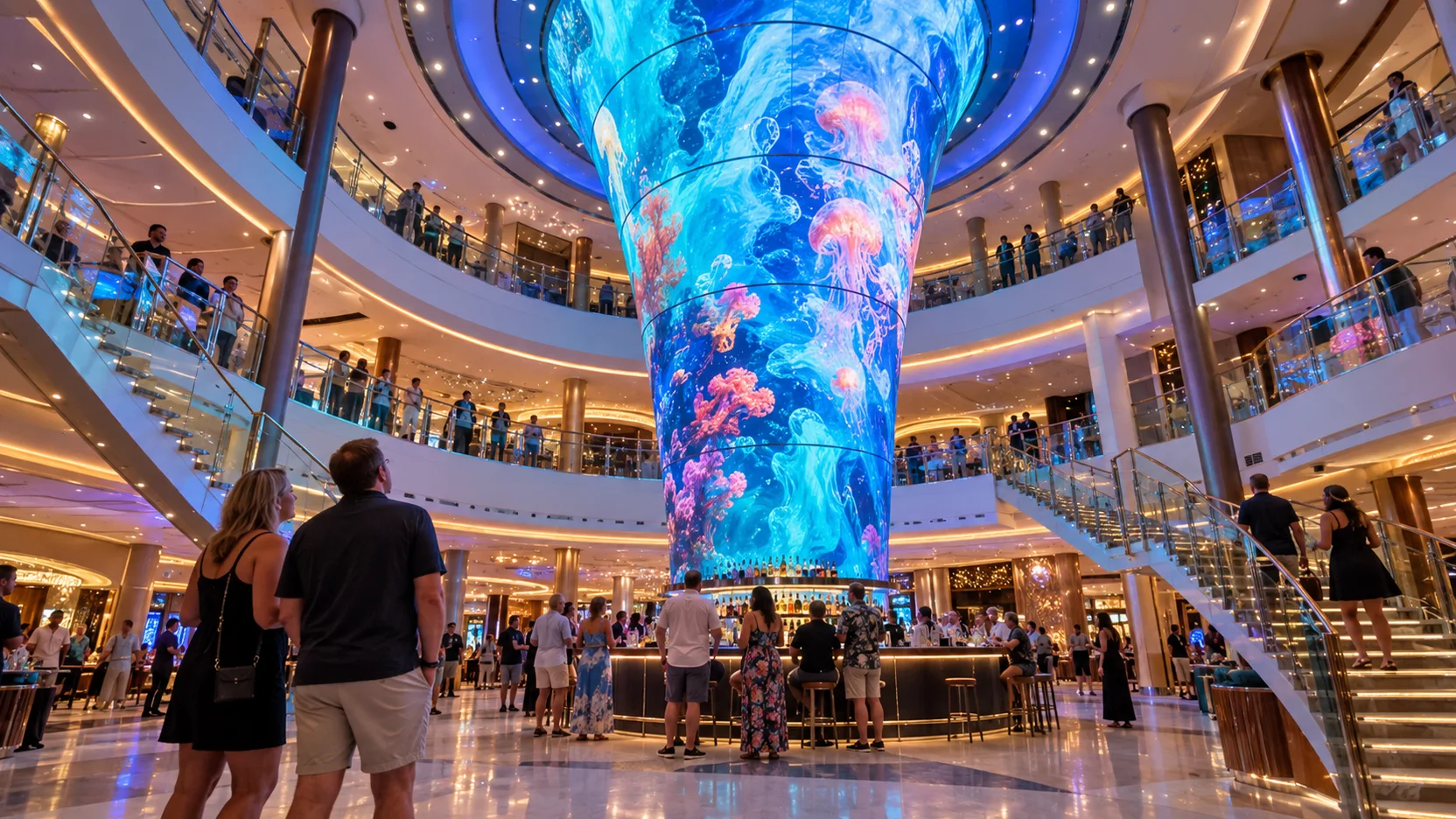 Carnival Vista's multi-deck atrium glows around the towering Dreamscape digital art column as guests gather near the circular lobby bar.