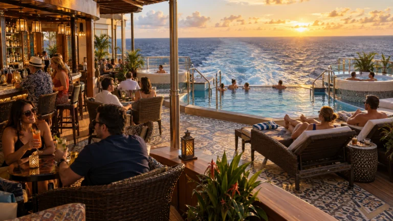 Adults relax around Carnival Vista's Cuban-inspired Havana Bar and aft pool while the Caribbean wake glows at sunset.