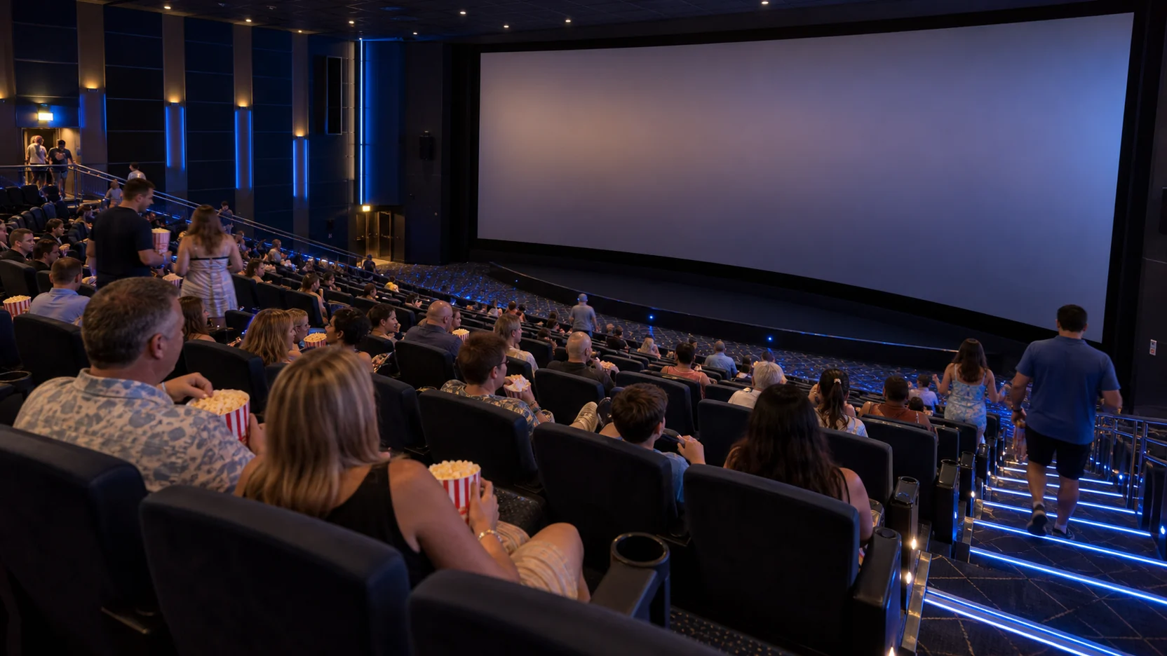 Guests settle into steep stadium seats with popcorn before a movie in Carnival Vista's large purpose-built IMAX Theatre.