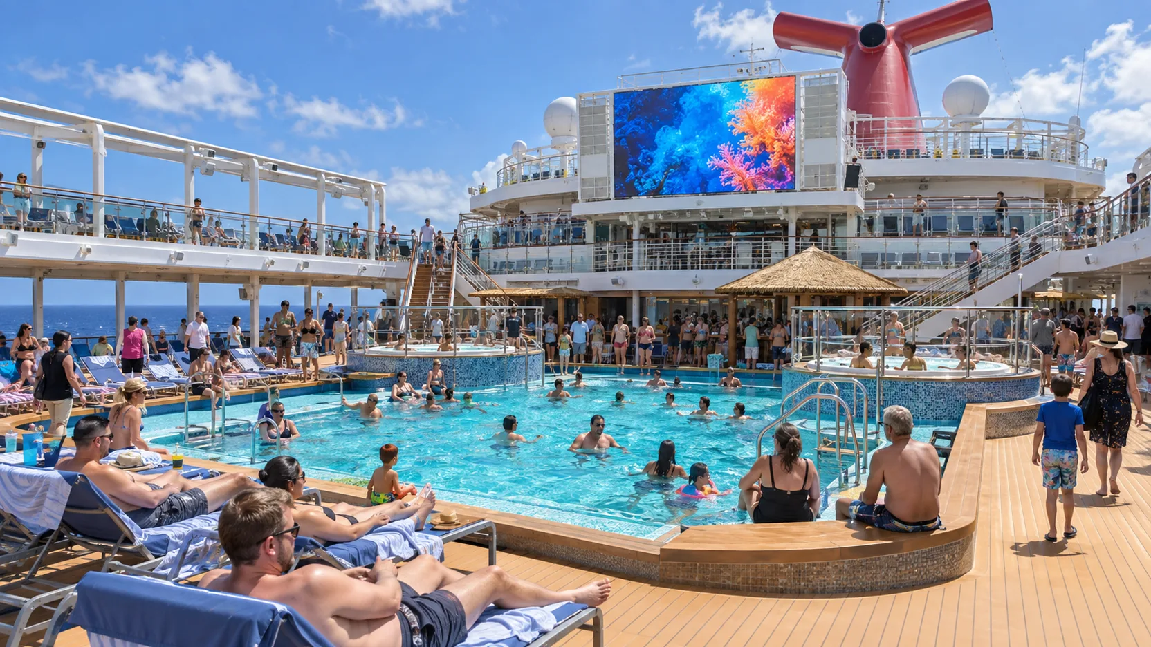 Guests swim and relax around Carnival Vista's main Lido pool beneath the outdoor movie screen and red whale-tail funnel on a bright sea day.