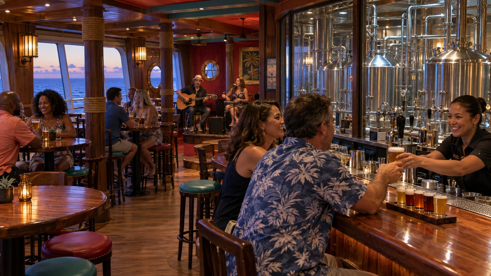 Guests sample craft beer at Carnival Vista's RedFrog Pub and Brewery beside polished brewing kettles as an acoustic duo performs.
