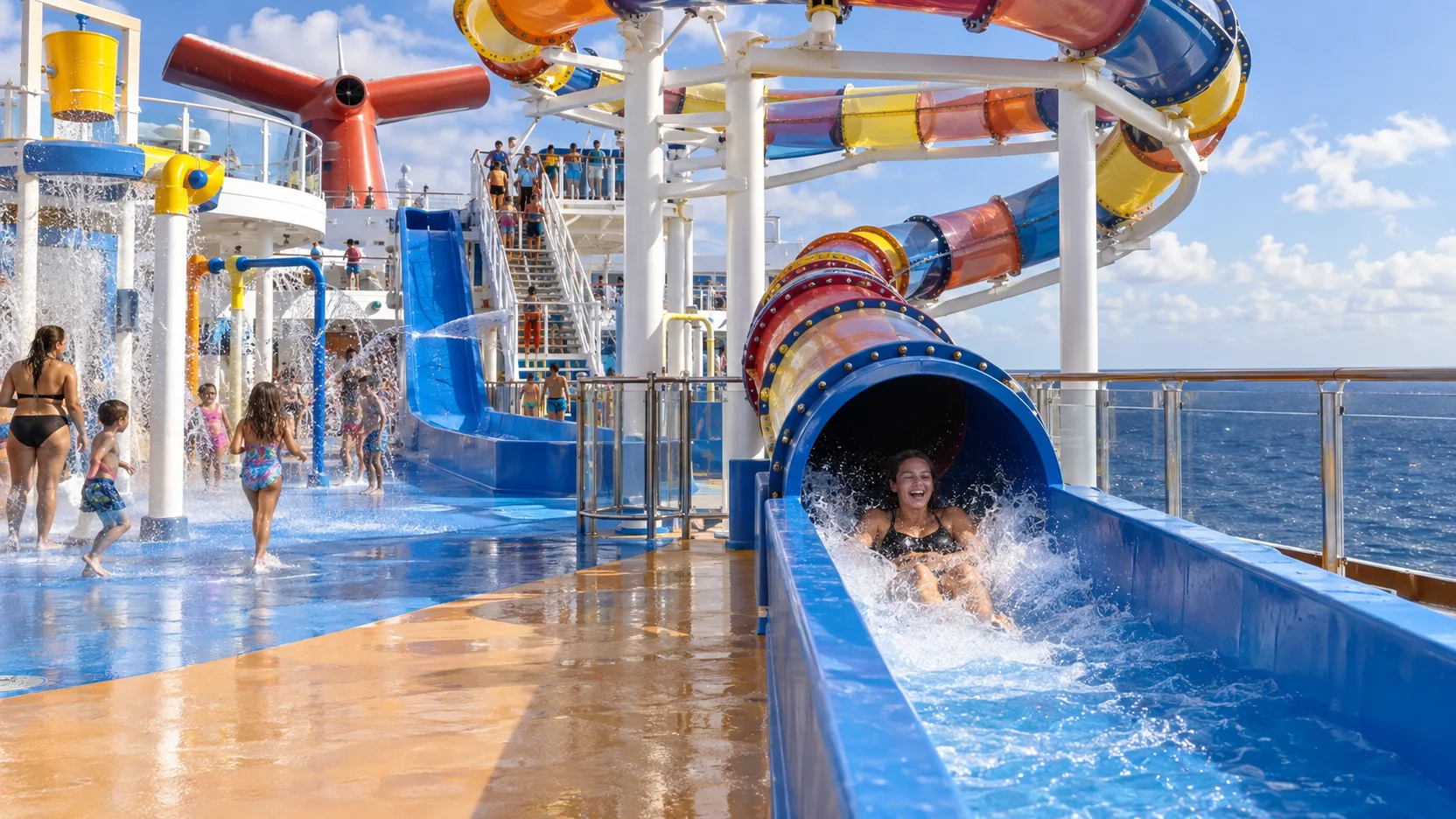 A guest splashes out of the colorful Kaleid-O-Slide while families enjoy Carnival Vista's sunny WaterWorks deck at sea.