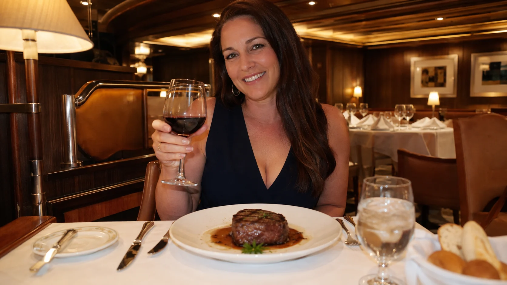 Woman holding red wine beside a steak dinner at Diamonds Steakhouse aboard Carnival Liberty