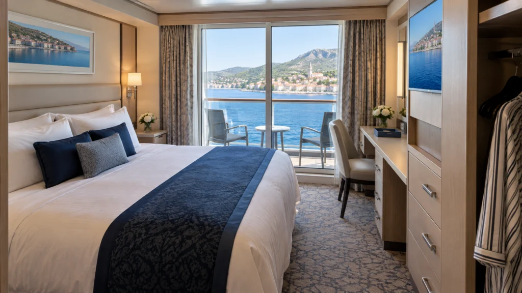 An Enchanted Princess balcony stateroom features a white luxury bed, navy accents and a private Croatian-coast balcony.