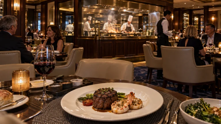 A steak-and-shrimp dinner is served in Enchanted Princess's Crown Grill with chefs working in the open kitchen.
