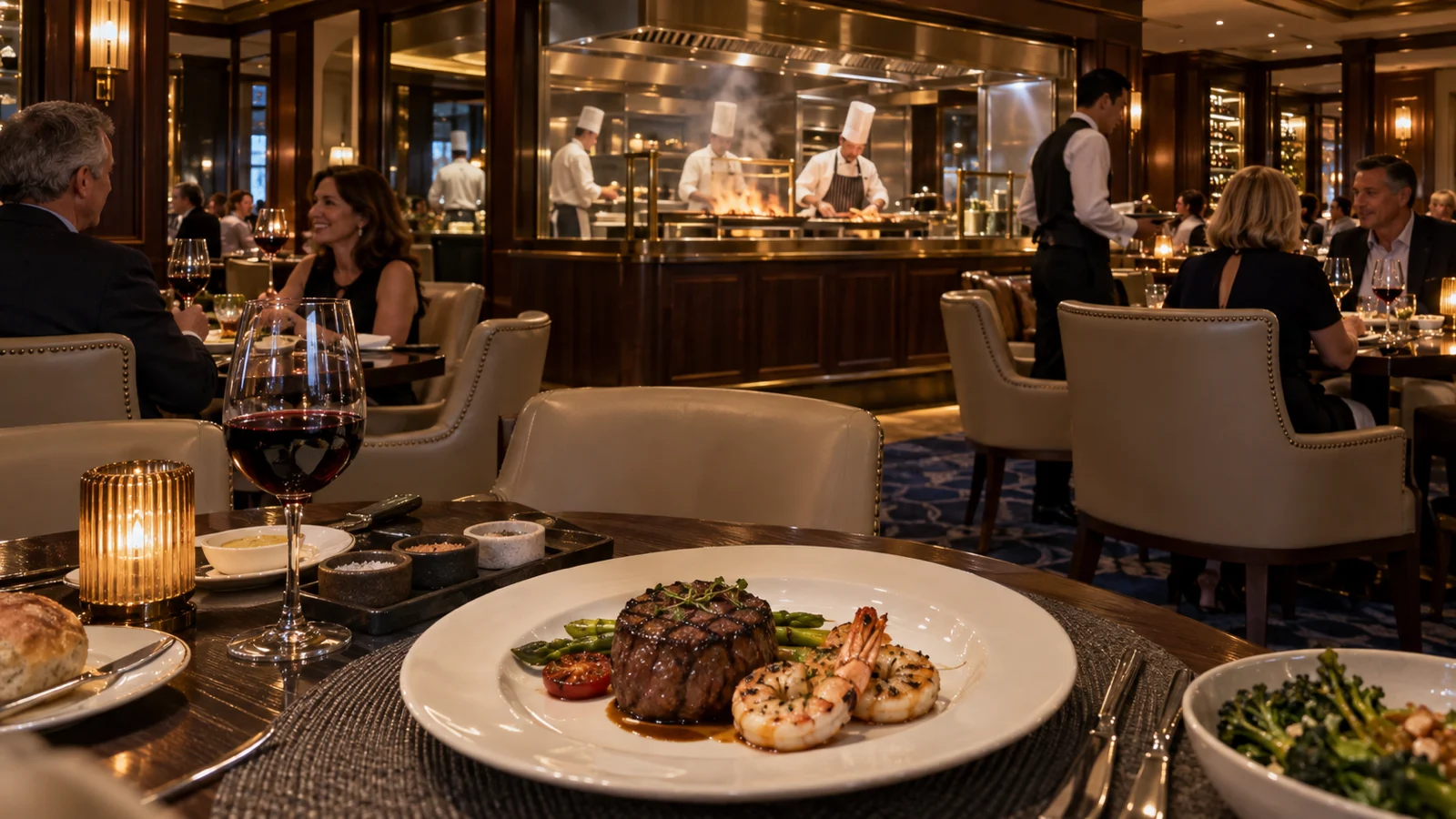 A steak-and-shrimp dinner is served in Enchanted Princess's Crown Grill with chefs working in the open kitchen.