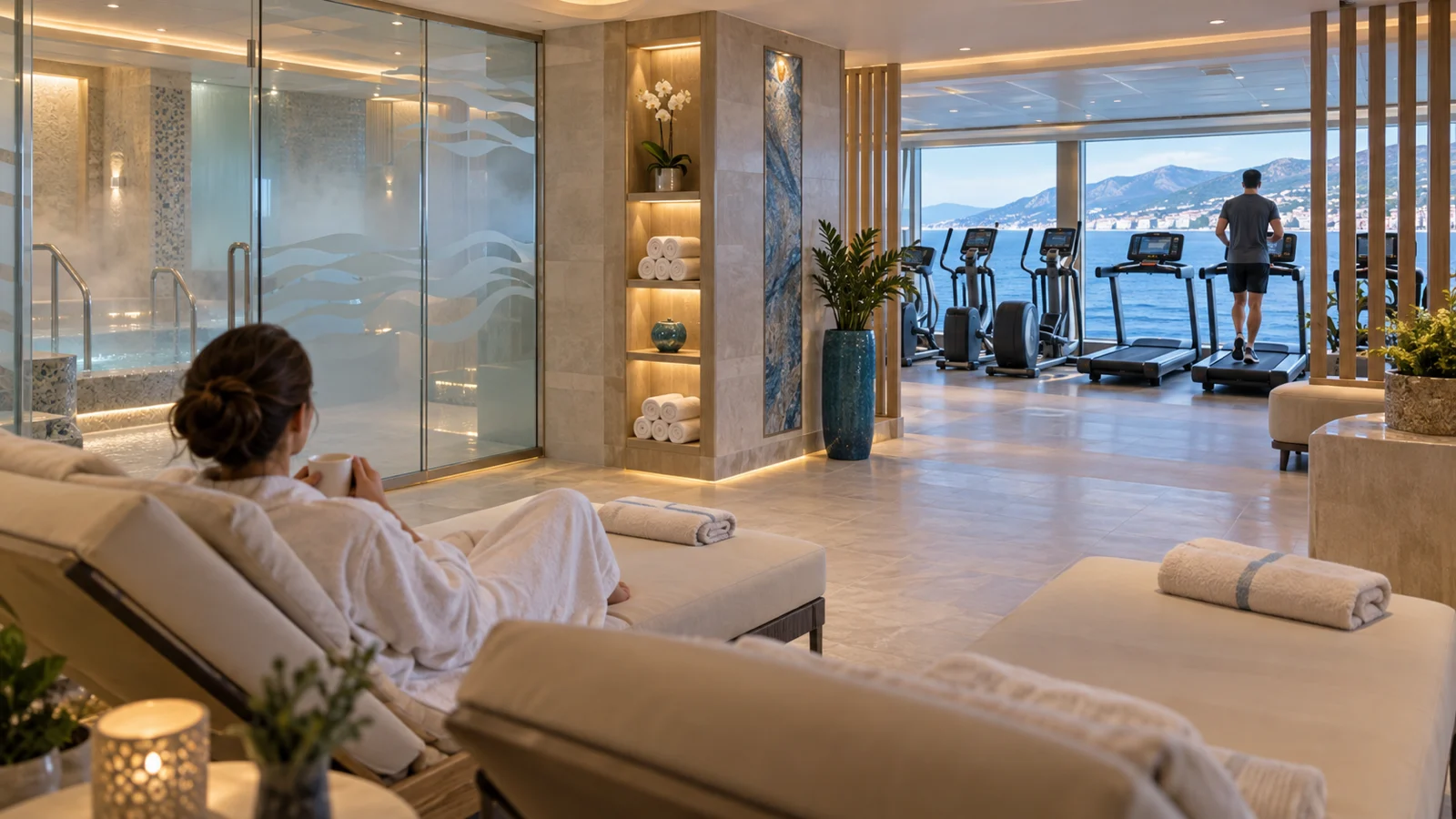 A guest relaxes beside the Enclave while another exercises in Enchanted Princess's ocean-view fitness center.