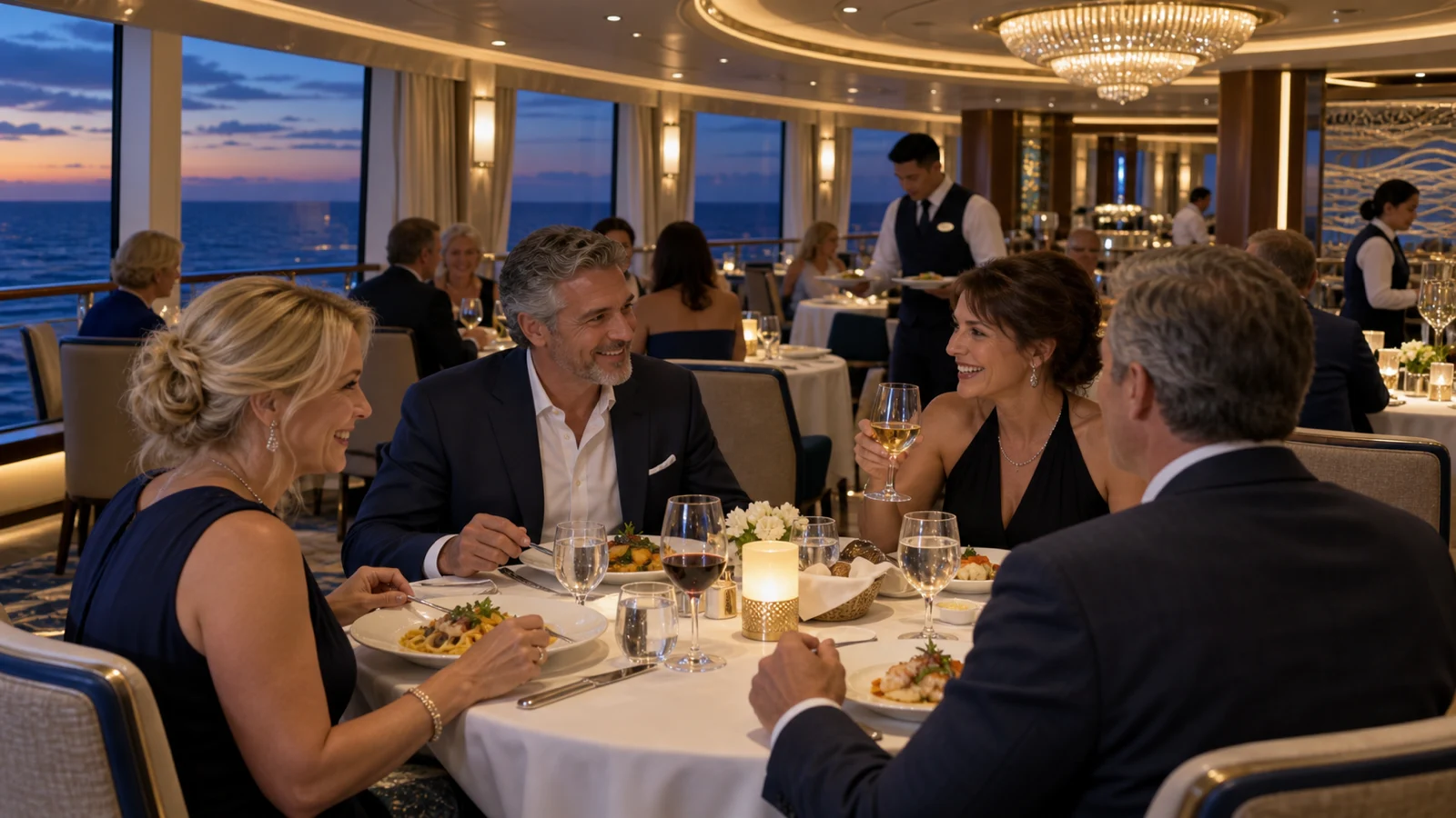 Guests enjoy an elegant dinner in an Enchanted Princess main dining room overlooking the sea at twilight.