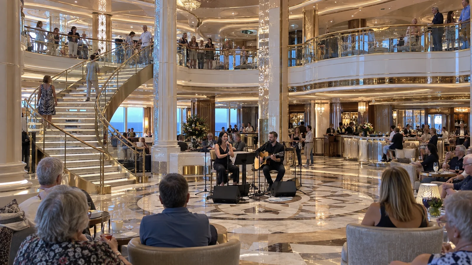 An acoustic duo performs for guests in Enchanted Princess's bright three-deck Piazza atrium.