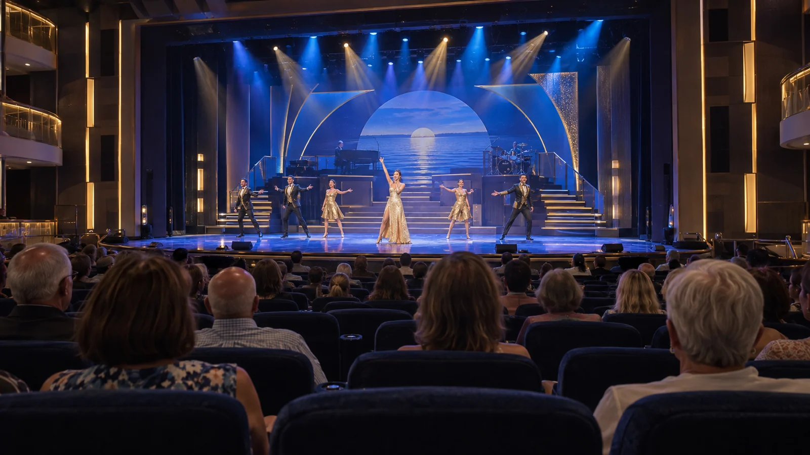 A cast performs a blue-and-gold musical production before guests in the Enchanted Princess theater.