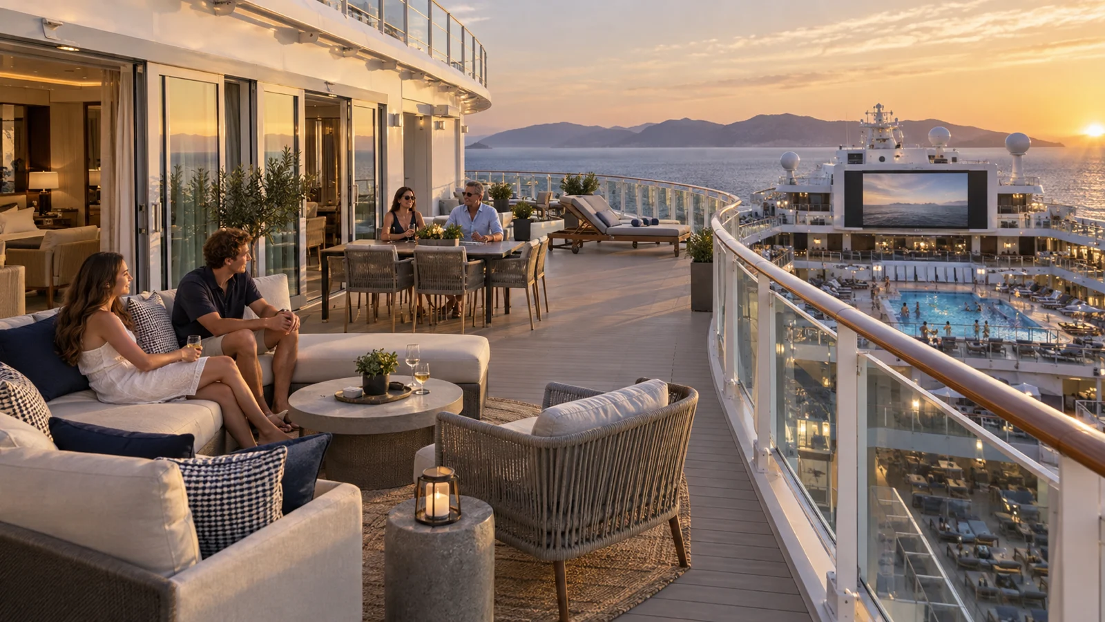 Guests relax on an expansive Enchanted Princess Sky Suite balcony overlooking the pools and Adriatic sunset.