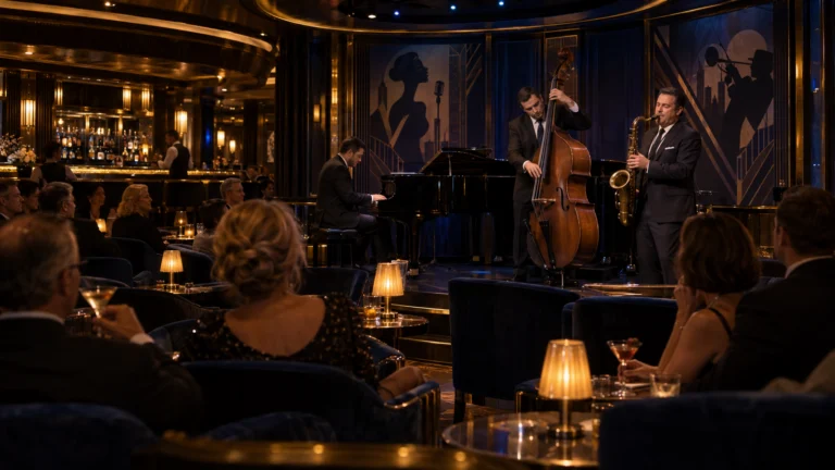 A piano, bass and saxophone trio performs for guests in Enchanted Princess's Art Deco Take Five lounge.