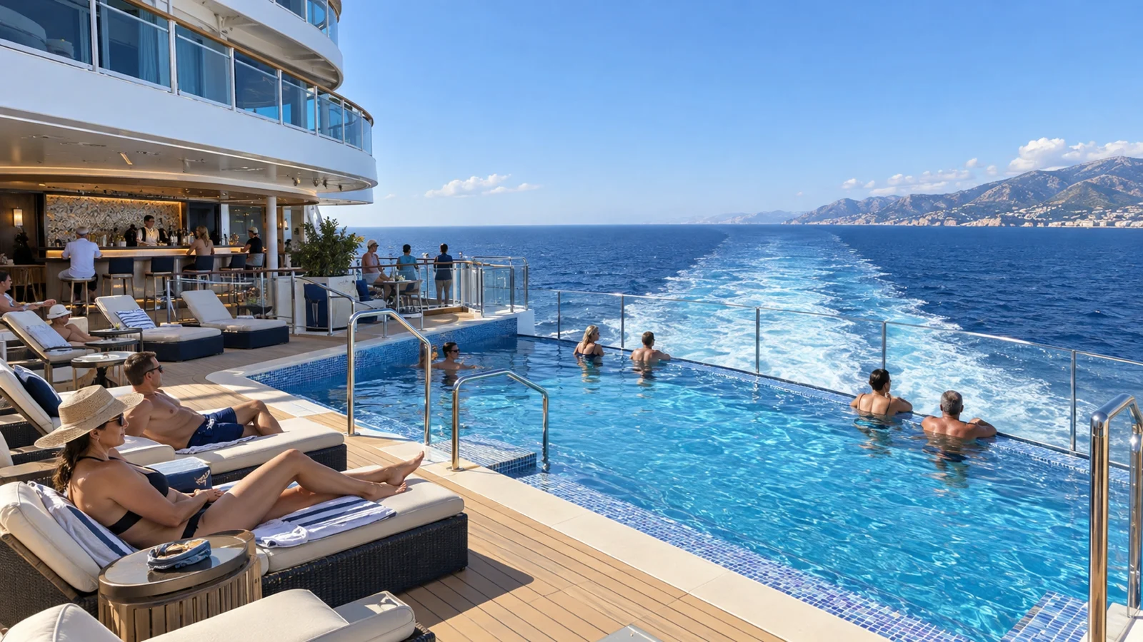 Guests swim and lounge beside Enchanted Princess's aft Wake View Pool with the ship's foamy trail behind.