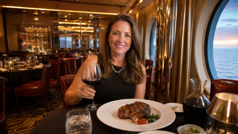 Woman enjoying steak dinner at Fahrenheit 555 aboard Carnival Breeze