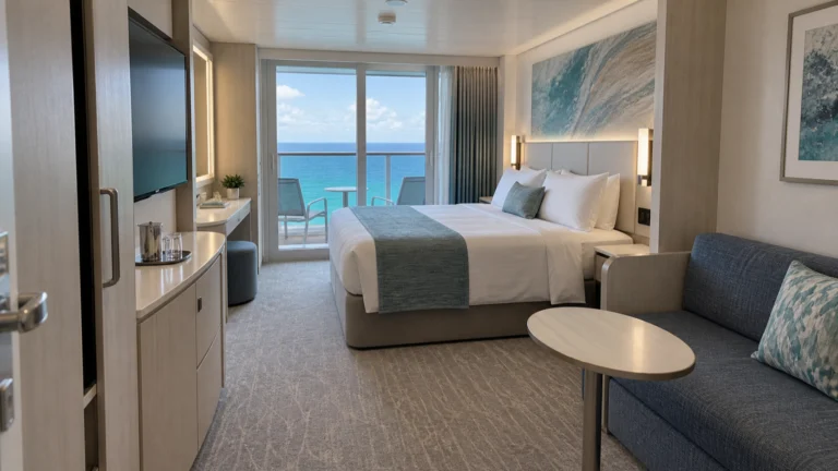 A contemporary Norwegian Aqua balcony stateroom features a queen bed, blue-gray sofa and private Caribbean-view balcony.