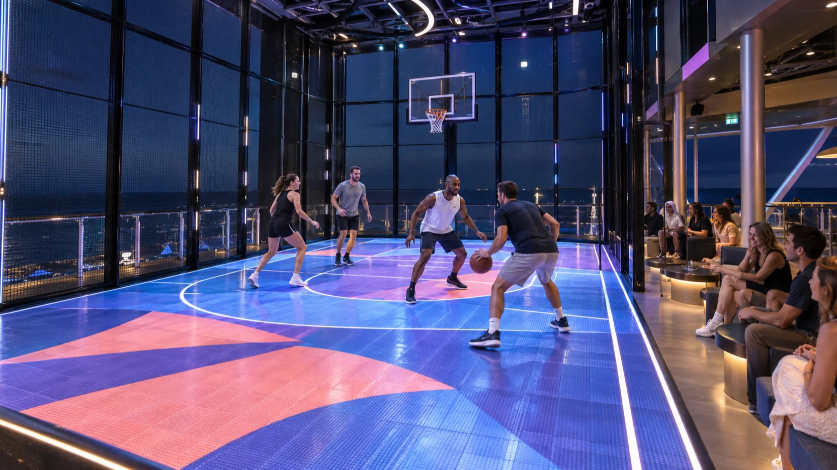 Four guests play basketball on the luminous interactive floor of Norwegian Aqua's enclosed Glow Court at night.
