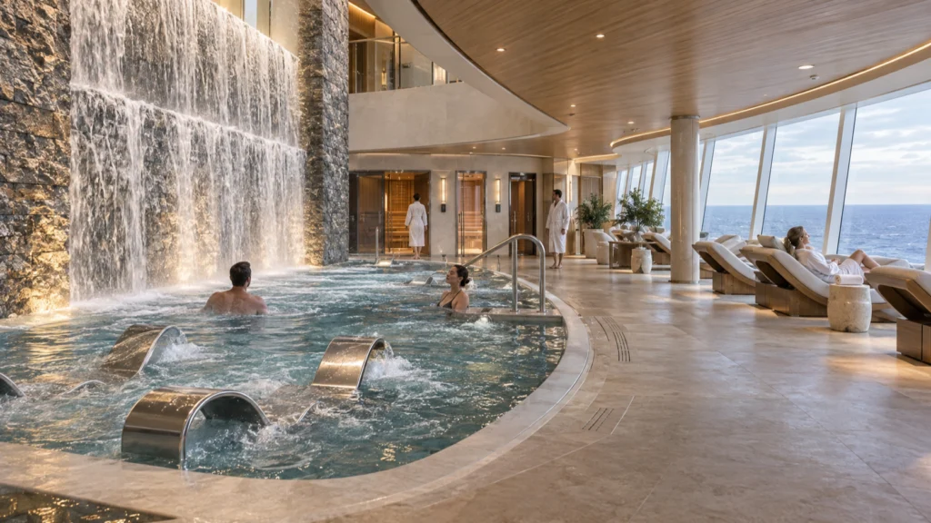 Guests relax in Norwegian Aqua's Mandara Spa vitality pool beside its two-story waterfall and ocean-facing loungers.