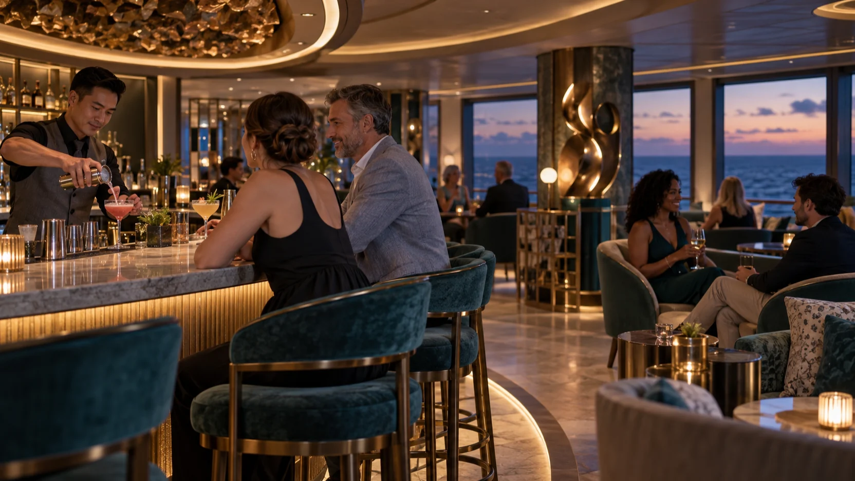 A bartender prepares a craft cocktail for smart-casual guests in Norwegian Aqua's warm teal-and-brass Metropolitan Bar.