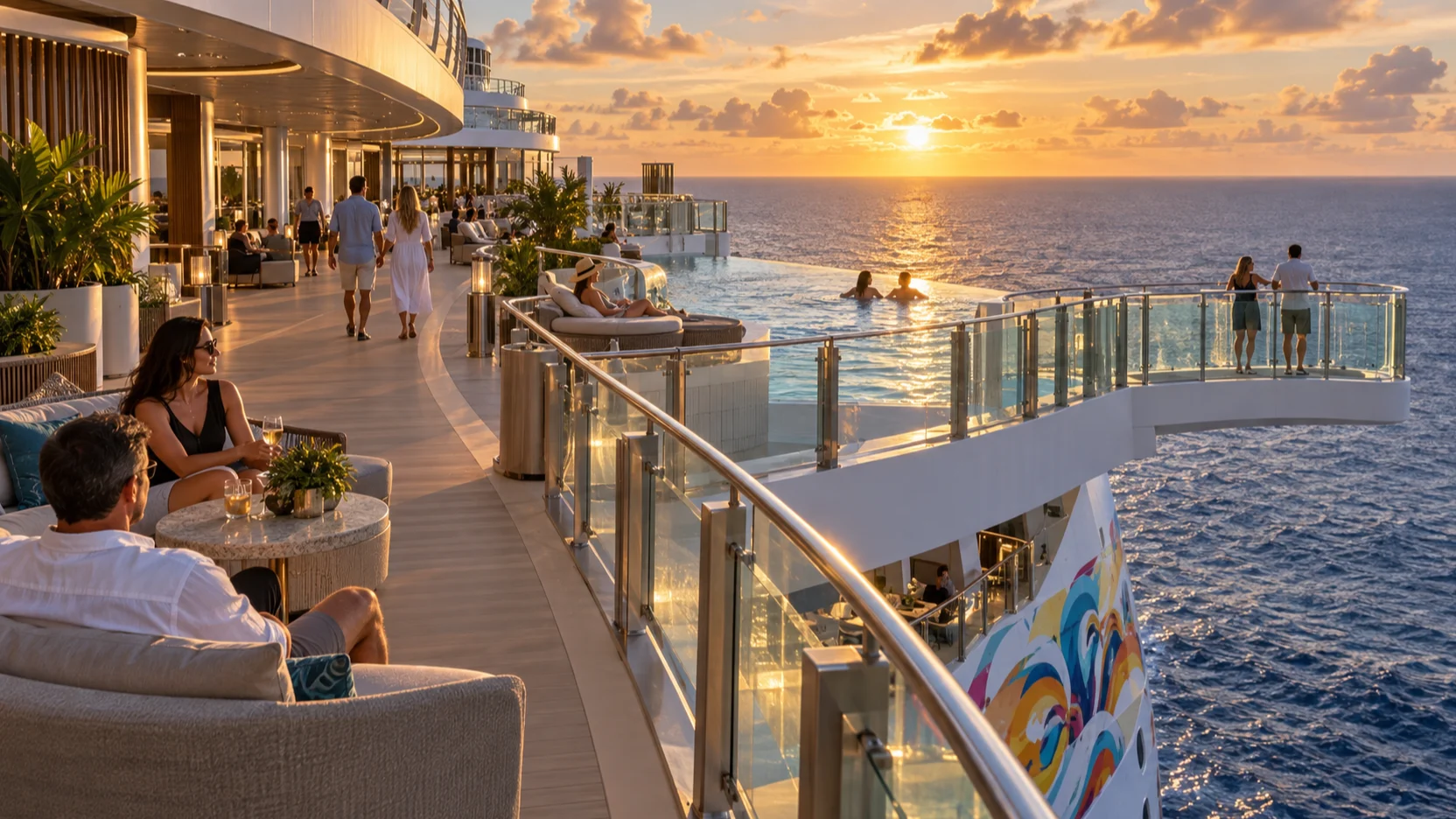 Guests stroll and relax beside an infinity pool and glass Oceanwalk on Norwegian Aqua's Ocean Boulevard at sunset.