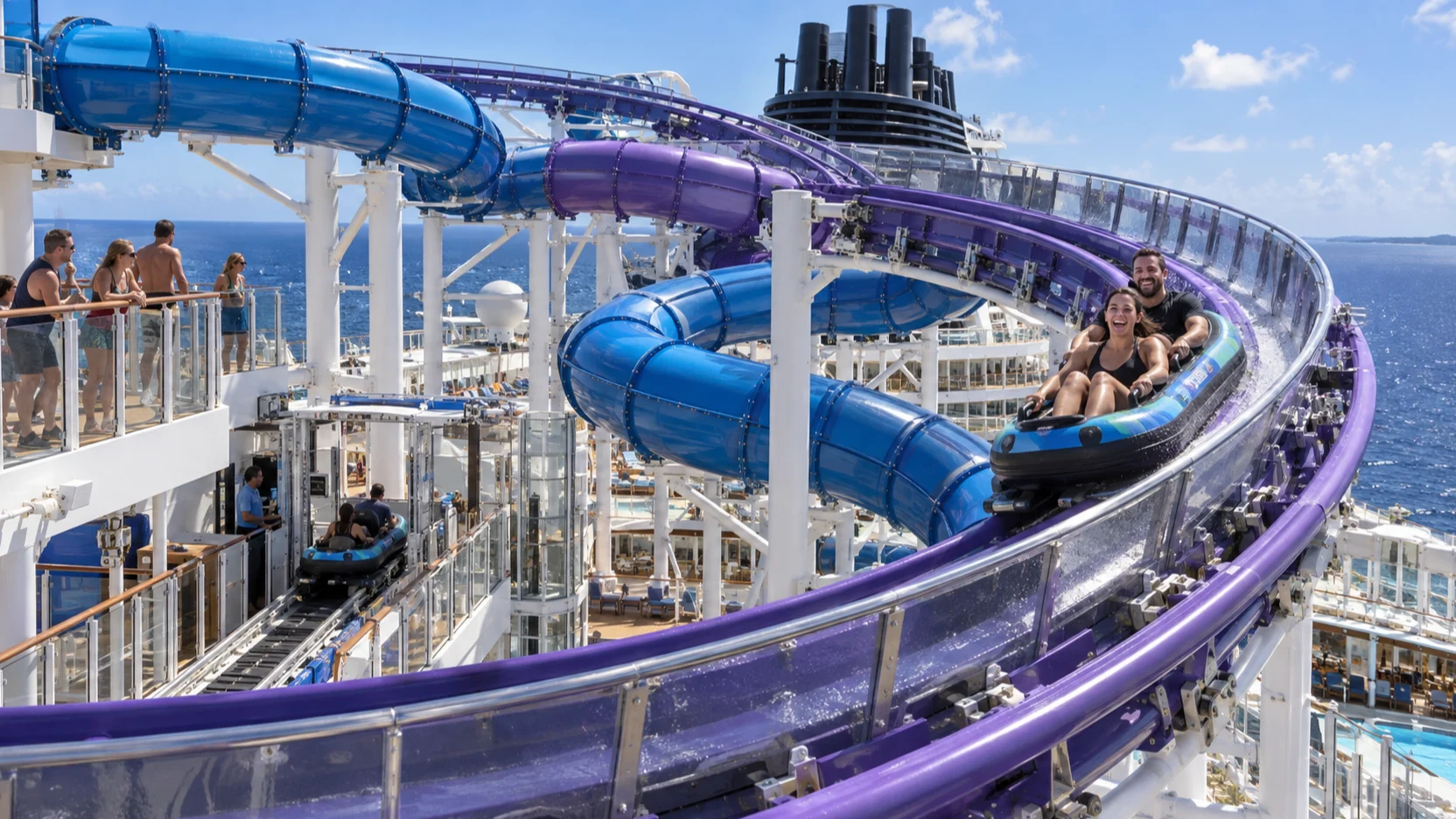 Two riders sweep around the blue-and-purple Aqua Slidecoaster high above Norwegian Aqua's sunny upper deck.