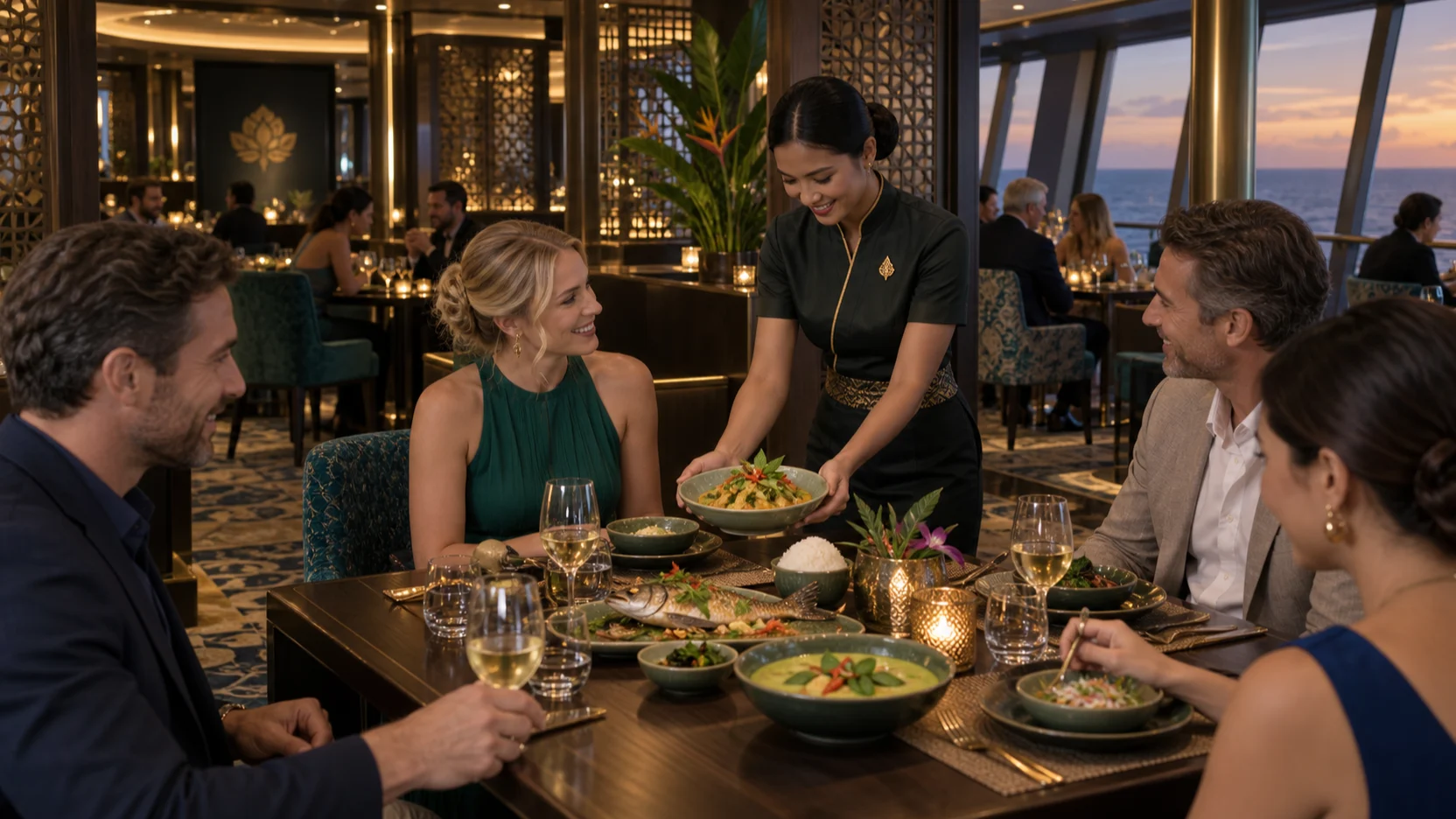 A server presents Thai curry to guests sharing colorful dishes in Norwegian Aqua's jewel-toned Sukhothai restaurant.