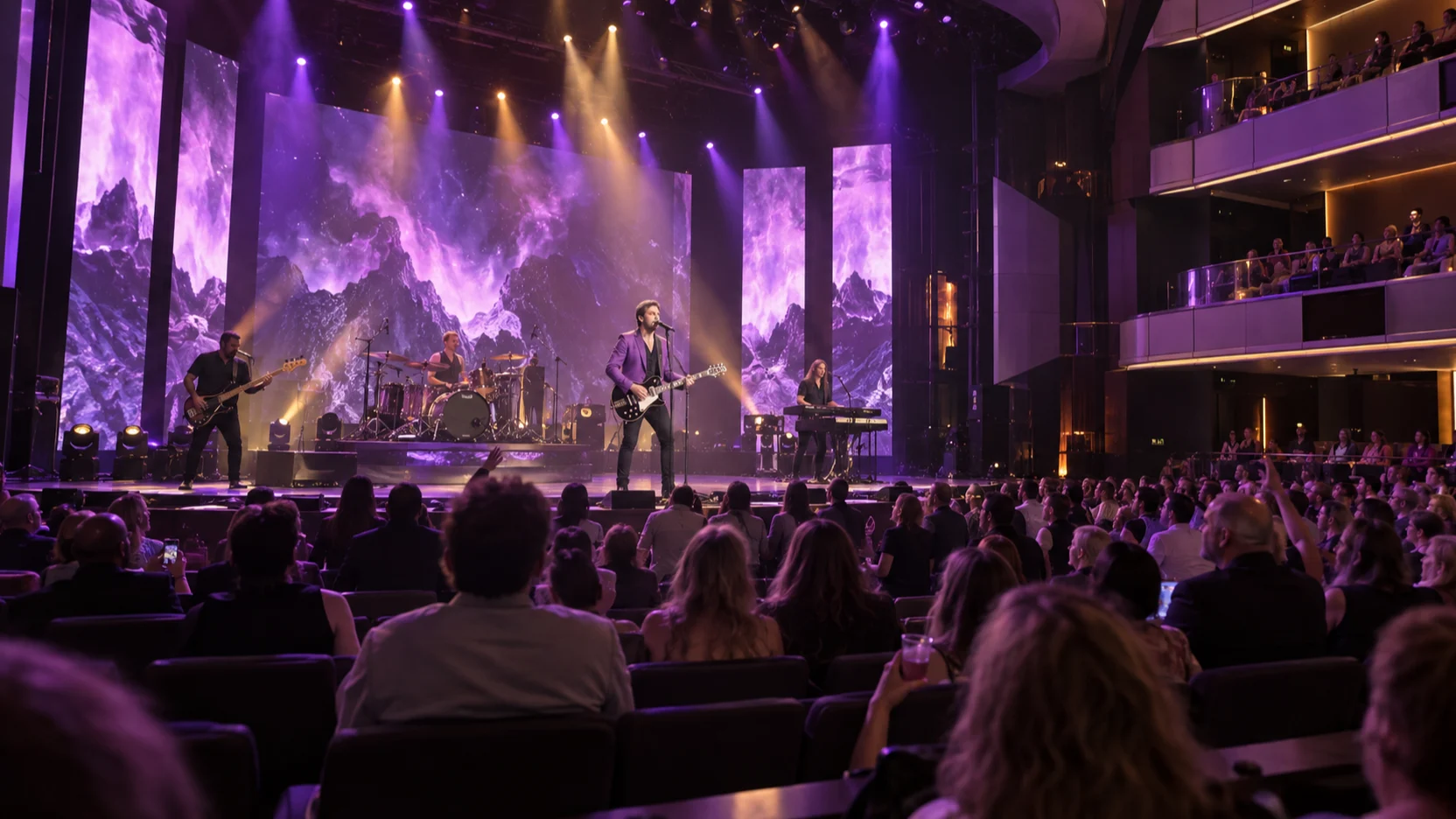 A fictional singer-guitarist and live band perform under purple lights in Norwegian Aqua's multi-level theater.