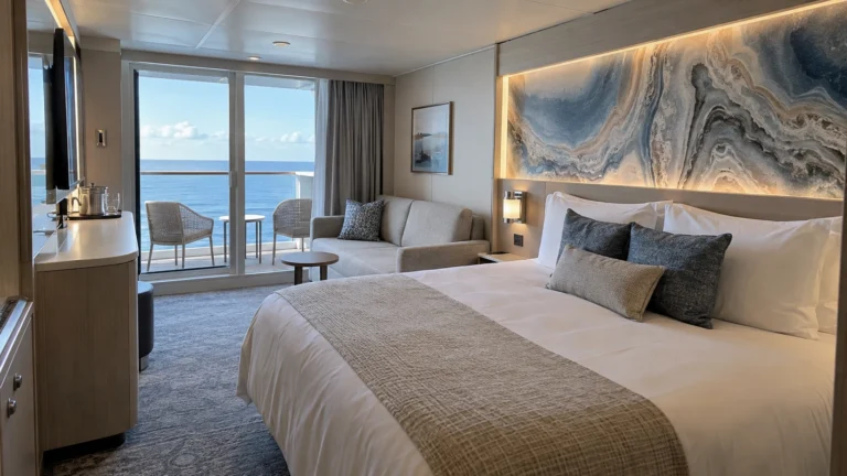A contemporary Norwegian Prima balcony stateroom features a queen bed, sofa, illuminated mural and ocean-facing veranda.